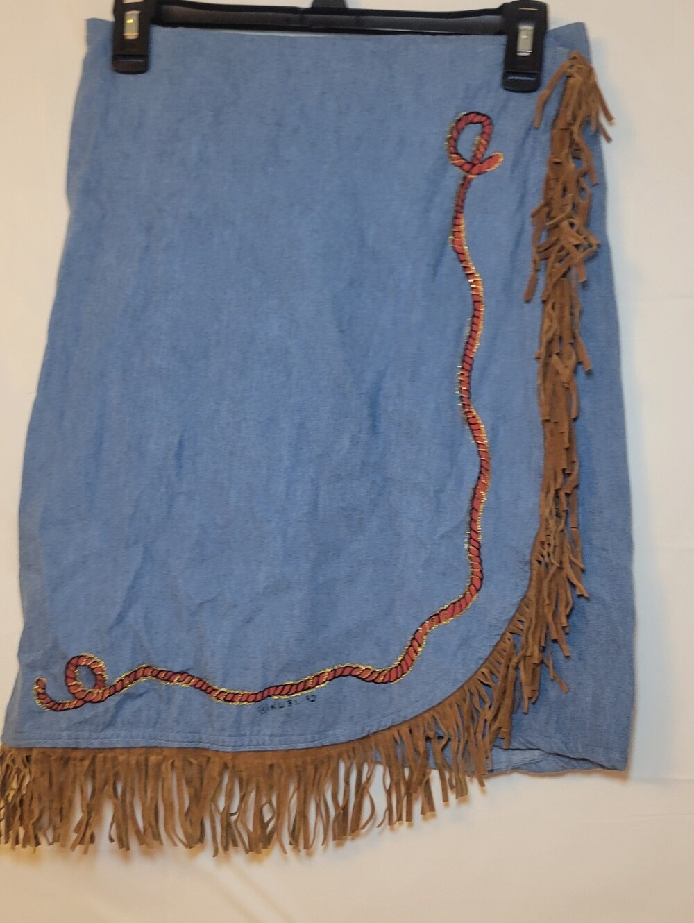 Fringed Blue Denim Skirt with Rope Embroidery
